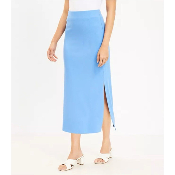 Loft Ribbed Fitted Maxi Pencil Skirt Medium NWT Blue Pull On Fitted Flattering - Picture 1 of 7